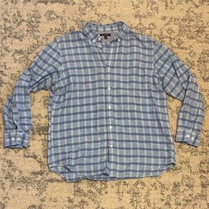 Banana Republic Men's Blue Plaid Button-Down Slim Fit Linen Blend Shirt